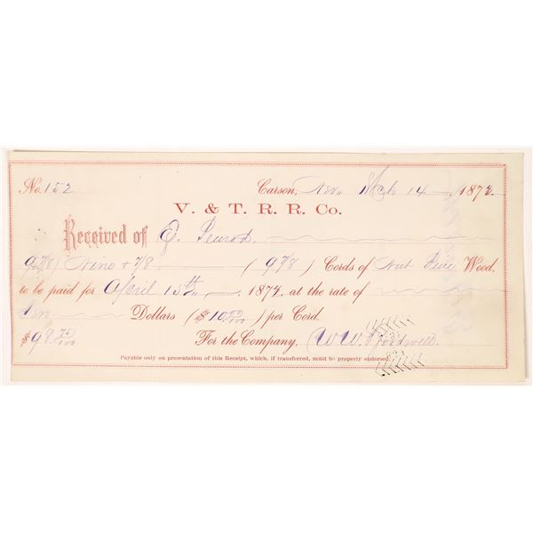 V&T Railroad Receipt Signed by Emanuel Penrod, One of the Original Comstock Discoverers, 1872 [16448