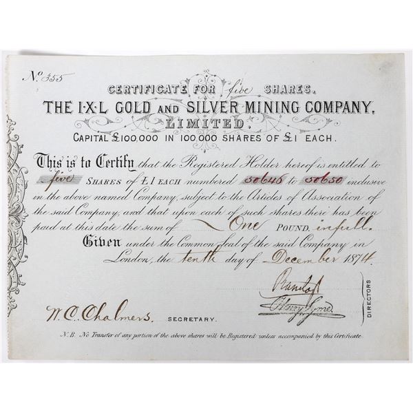 IXL Gold & Silver Mining Company, Ltd., Stock Certificate, 1874 [194060]
