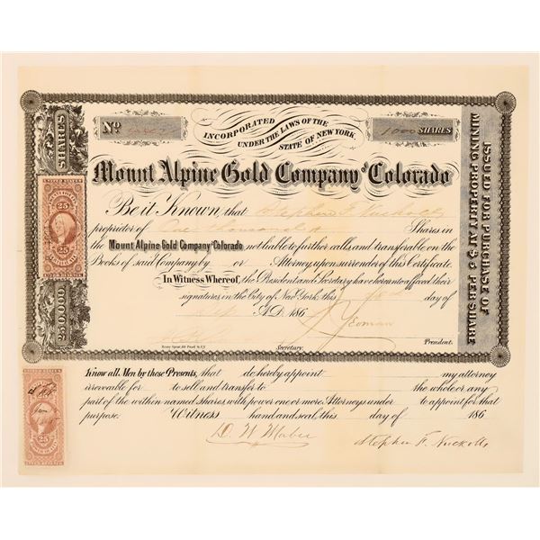 Mount Alpine Gold Co. Stock Cert, c1864 [191315]