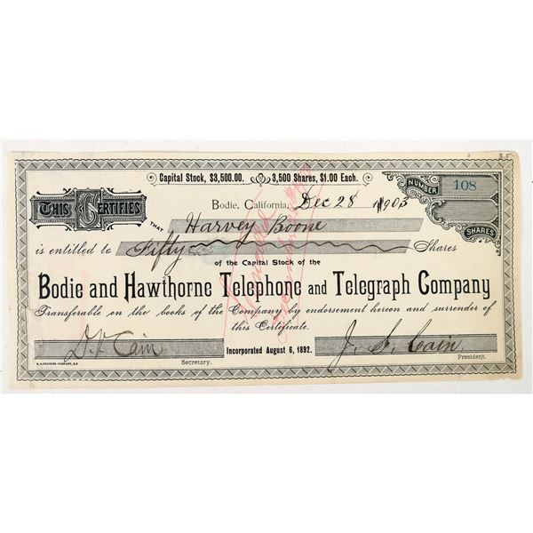 Bodie and Hawthorne Telephone and Telegraph Stock, J S Cain Signature [193661]