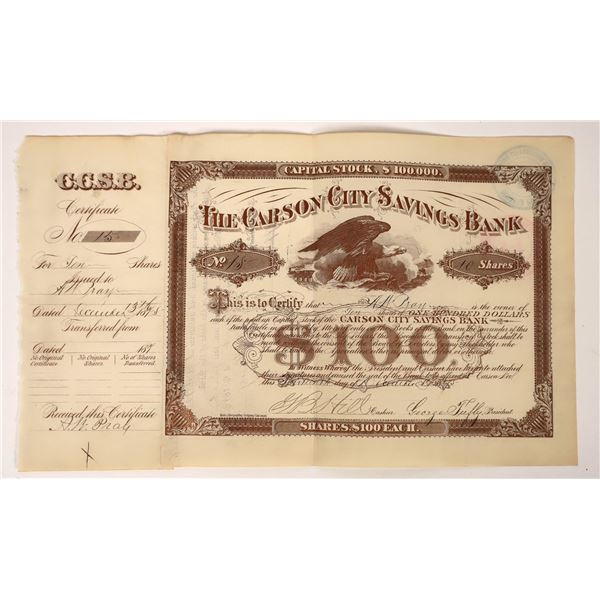 1875 Carson City Savings Bank Stock to AW Pray, Founder of Glenbrook, Lake Tahoe [192874]