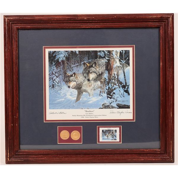Weirs Signed Print: Rocky Mountain Elk Foundation "Brothers" Stamp & Gold Medallions  1996 [180283]