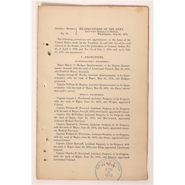 Custer:  General Orders #69- First Military Announcement of Deceased At the Little Big Horn Battle [
