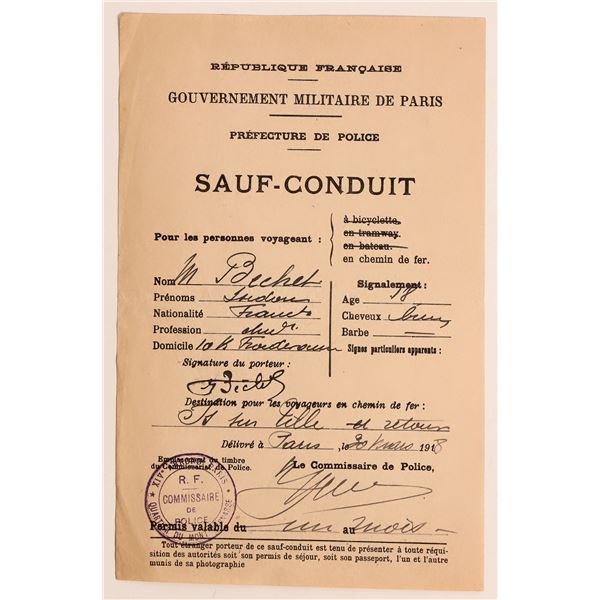WWI Safe Conduct Pass  1918 [183266]