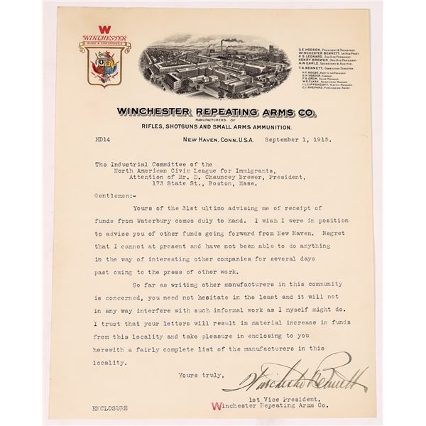 Winchester Repeating Arms Co. Letterhead signed by Winchester Bennet V.P. [150528]