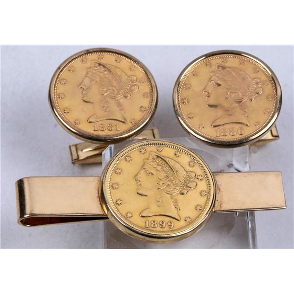 U. S. $5 Liberty Head Gold Cuff Links and Tie Bar [193822]