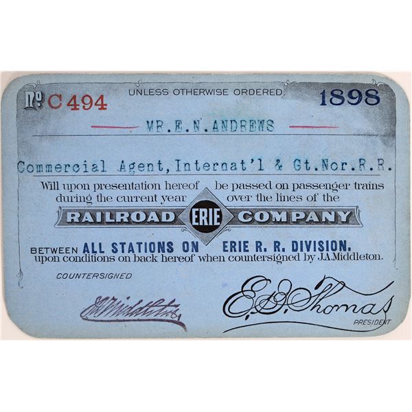 Erie Railroad Company Pass 1898 [180416]