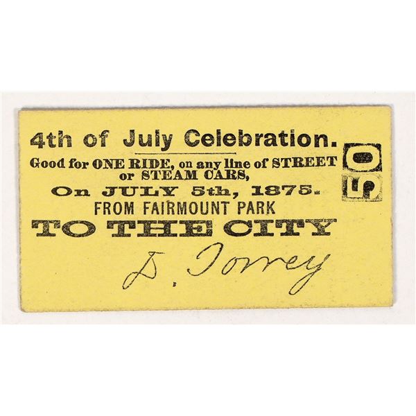 Fairmount Park Steam Car Ticket: July 5th, 1875 [193598]