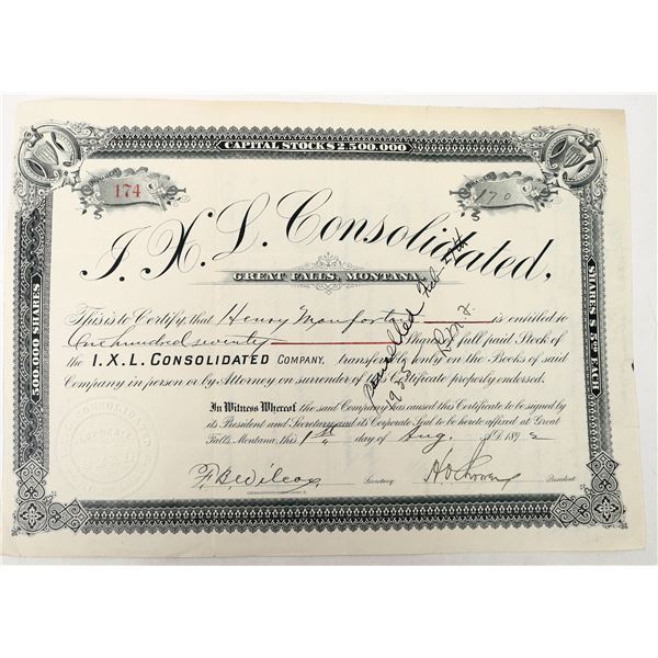 I X L Consolidated (Mine) Stock, 1892, Rare [193688]