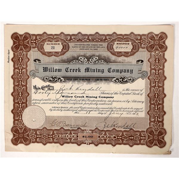 Zeb Kendall Signed Willow Creek Mining Company Stock [193612]