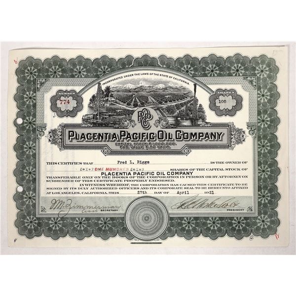 Placentia Pacific Oil Company Stock Cert [191796]