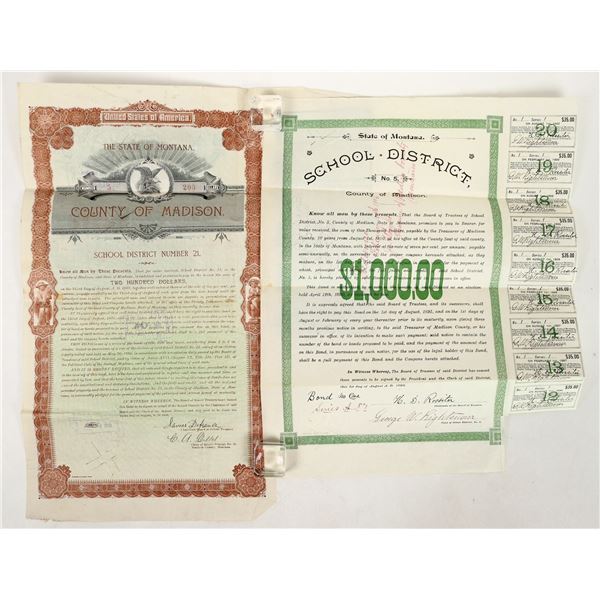 Madison County & Montana School District Bond Pair, 1890's [193685]