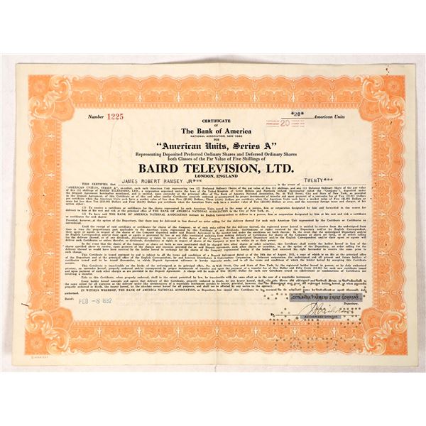 Early Baird Television Stock, 1932, Rare [192273]