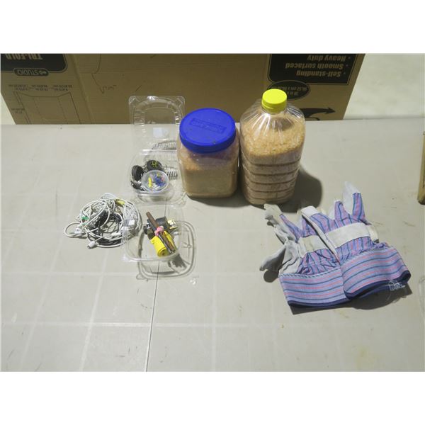 two containers of sidewalk salt , chargers, assorted hardware