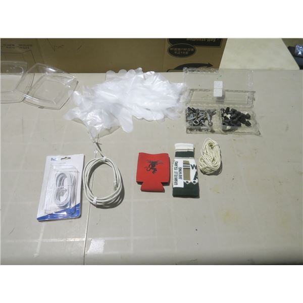 plastic gloves, 34' string, 2 ethernet cables, beer holders, assorted small tools