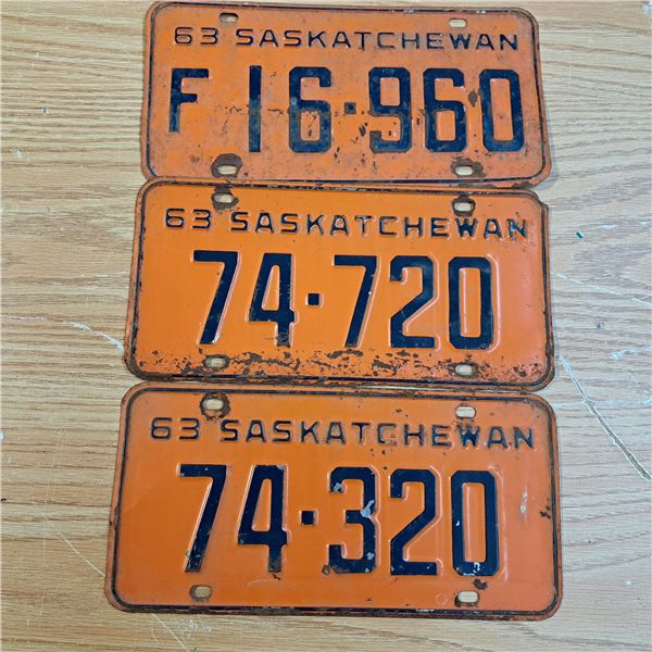 3 licence plates Sask one 6 digit and two 5 digit