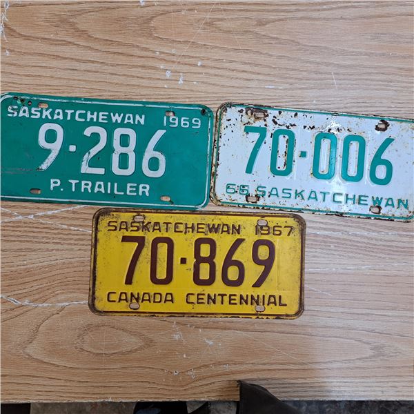 3 licence plates Sask one 4 digit and two 5 digits