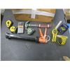Image 1 : caulking gun, hammer, measuring tapes, laser level, stud finder