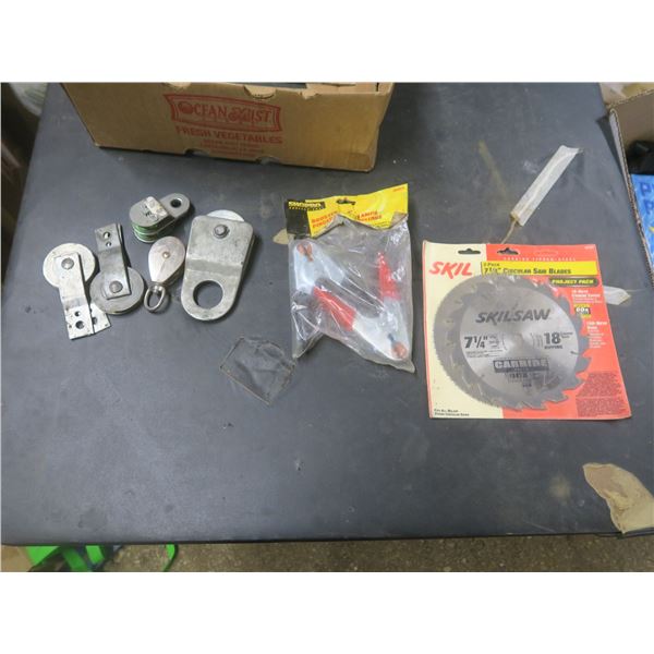 saw blades, booster cable clamps, hoist hardware