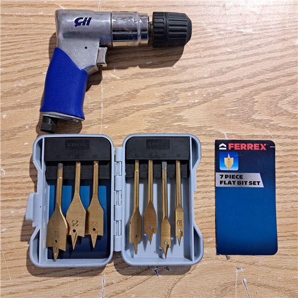 Air drill and set of 7 flat bits for drills