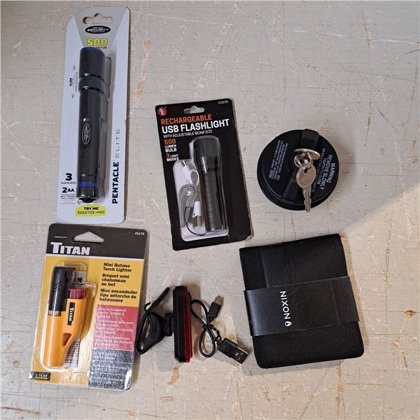 Flash lights, gas cap, red light, and wallet