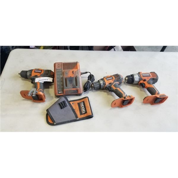 3 RIDGID CORDLESS DRILL AND CHARGER, NO BATTERIES