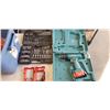 Image 2 : TOTE OF ASSORTED TOOLS INCLUDING MAKITA DRILL AND MILWAUKEE BITS ETC.
