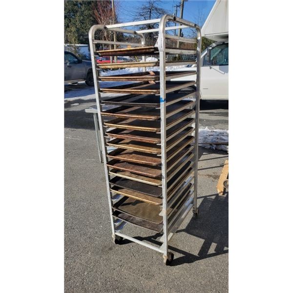 ALUMINUM BAKERS RACK ON WHEELS WITH 15 PERFORATED TRAYS