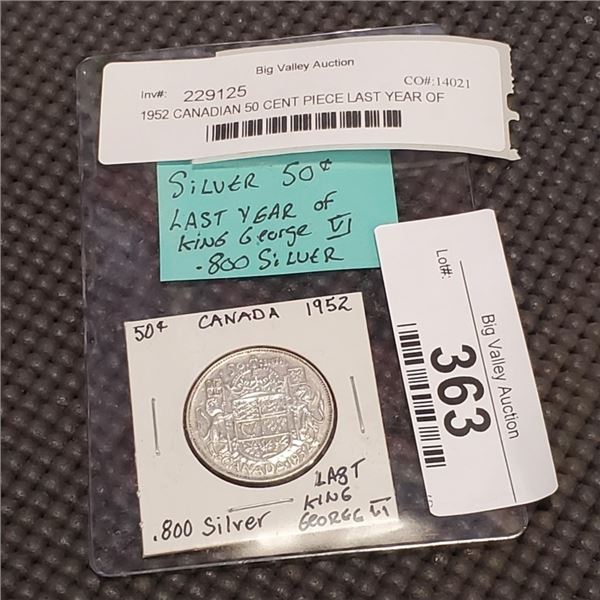 1952 CANADIAN 50 CENT PIECE LAST YEAR OF GEORGE THE 6TH .800 SILVER