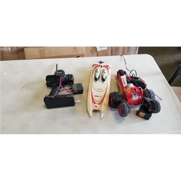RC CARS AND BOAT WITH CHARGERS AND CONTROLLERS