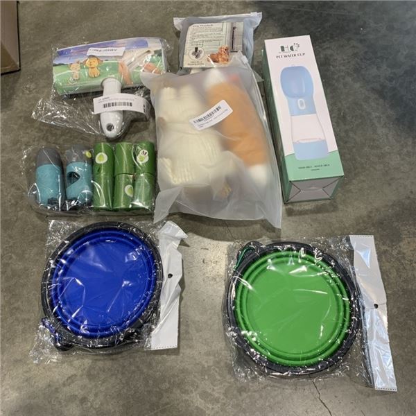 DASSORTED DOG ITEMS SUCH AS TOYS, BELLS AND WASTE BAGGIES WITH LED LIGHT AND MORE