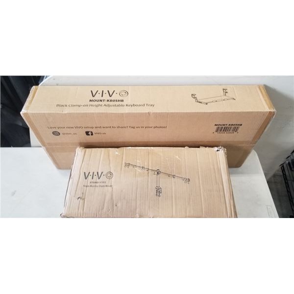 VIVO TRIPLE MONITOR DESK MOUNT AND CLAMP ON HEIGHT ADJUSTABLE KEYBORD TRAY