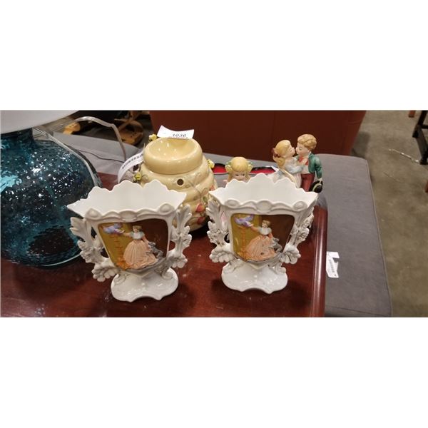 2 VINTAGE FIGURAL LAMPS WITH PAIR OF COTTAGE TYPE VASES AND BEEHIVE PARTY LIGHT