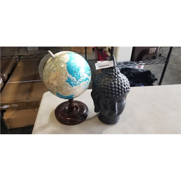 WORLD GLOBE AND HEAD STATUE