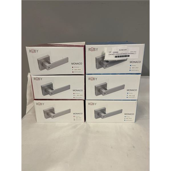 6 NEW MONACO SATIN DOOR HANDLES, 3 ENTRANCE LOCKING WITH KEYS, 3 PRIVACY LOCKING, ANSI GRADE 3
