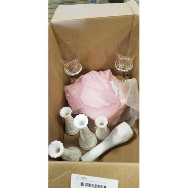 BOX OF MILK GLASS AND PAIR OF TEA LIGHT STANDS