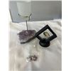 Image 1 : AMETHYST CLUSTER CANDLE HOLDER, NATURAL GREEN GARNET SPECIMEN AND GENUINE RUBY SPECIMEN