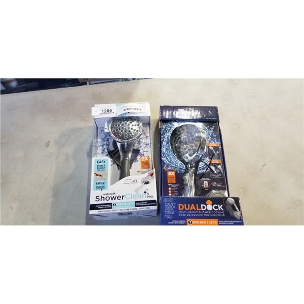 2 AS NEW WATERPIK SHOWER HEADS, ONE HAS DUAL DOCK WITH 7 SPRAY PATTERNS