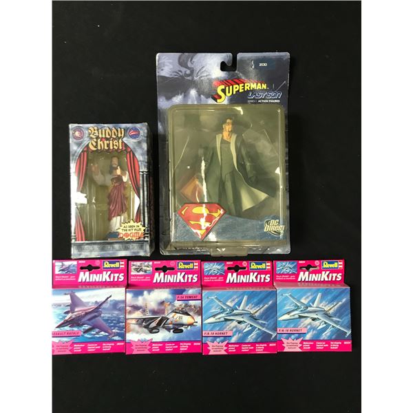LOT OF 4 REVELL MINI-KIT PLANE KITS, BUDDY CHRIST ACTION FIGURE FROM "DOGMA", DC SUPERMAN ACT FIGURE