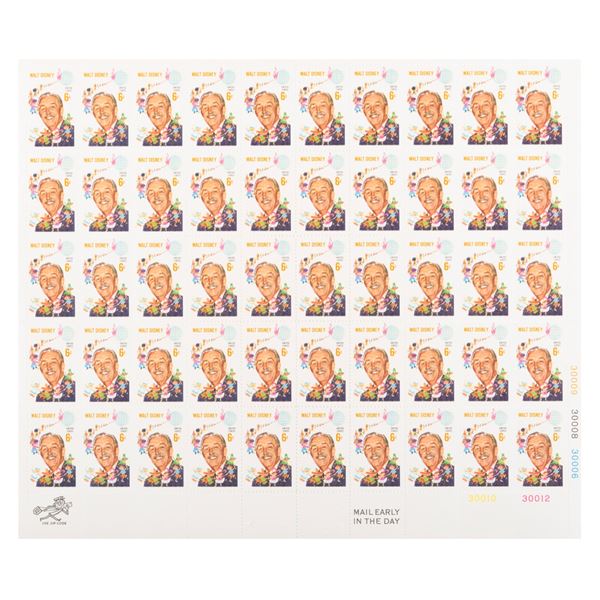 A Full Sheet of Walt Disney 6 Cent Stamps.