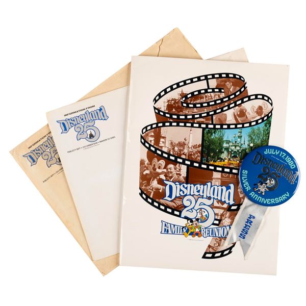 A Disneyland 25th Anniversary Press Kit and Badge.