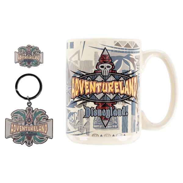 An Adventureland Logo Pin, Mug, and Keychain.