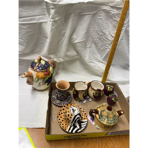 Assorted pottery items lid on tea pot