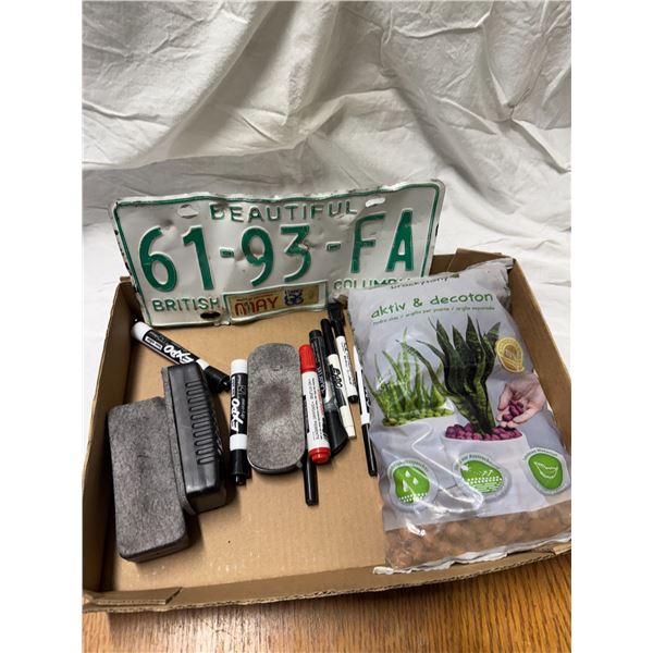 Hydro clay stones, white markers and erasers and a license plate