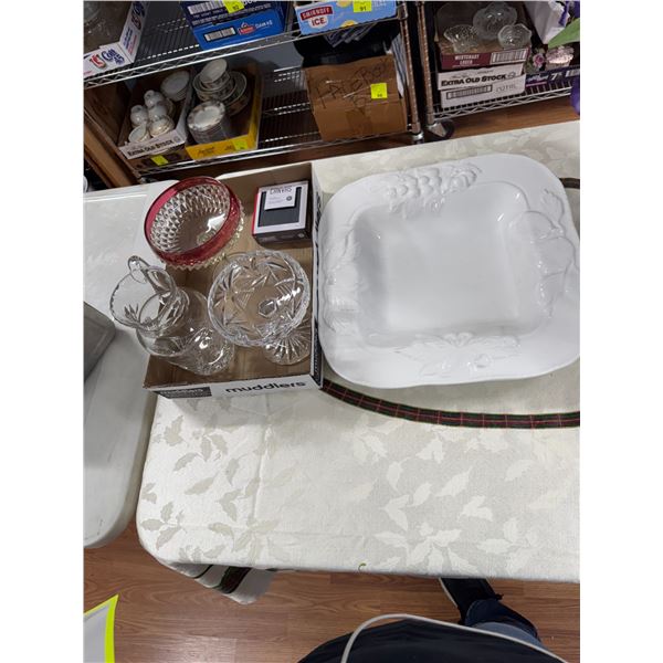 Platter, crystal and other candy dishes, picture, and coasters