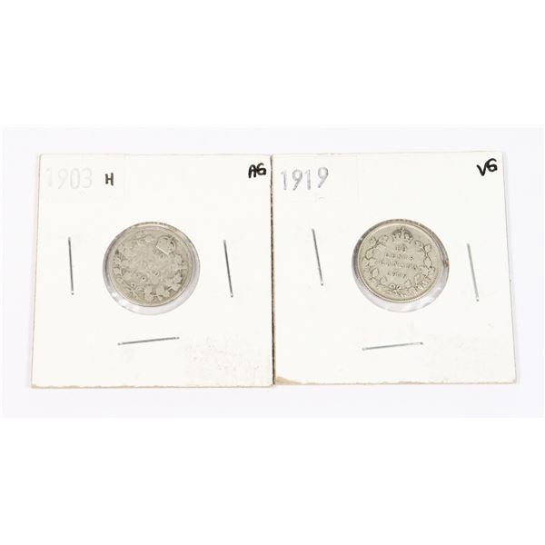 TWO CANADIAN SILVER DIMES 1903, 1919