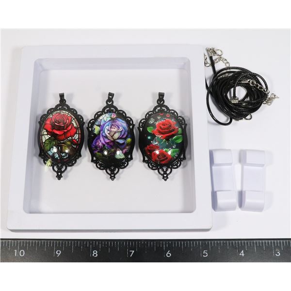 THREE ELEGANT ROSE PENDANT NECKLACES IN FLOATING