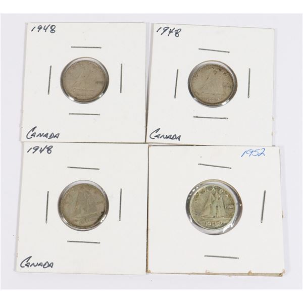FOUR CANADIAN SILVER 10 CENTS 1948,1948,1948,1952