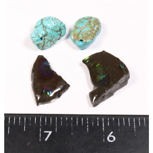 TWO AMMOLITE NUGGETS AND TWO REAL TURQUOISE