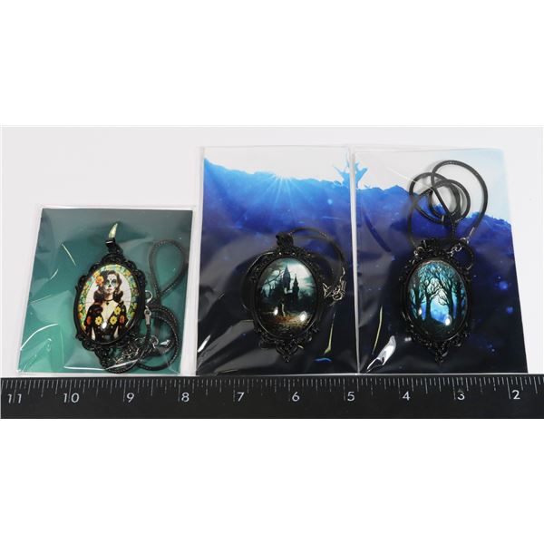 THREE GOTHIC STYLE PENDANT NECKLACES WITH CARDS